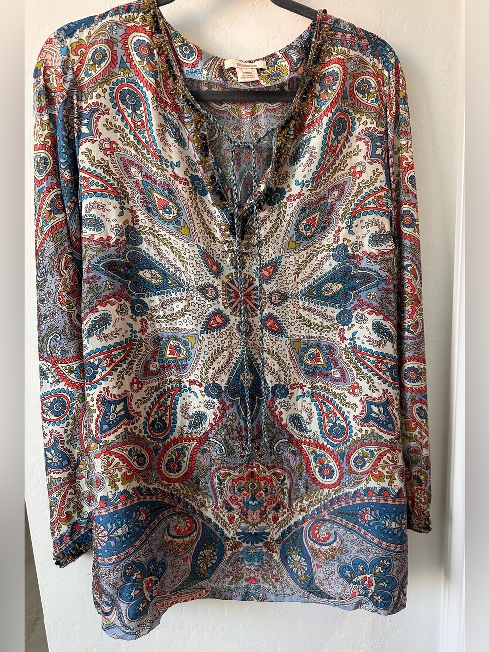 Sundance 100% Silk Paisley Print Bead Embellished Tunic V-neck Tie Multi Blue L
